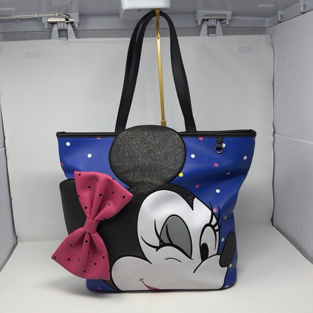 Disney Parks Loungefly Minnie Mouse Winking Tote Bag Blue Pink Bow Polka Dot